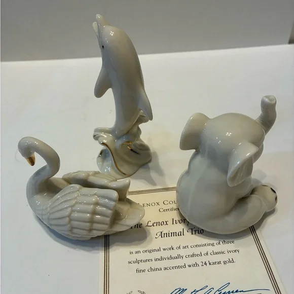 Lenox Ivory & Gold Animal Trio. Elephant, Dolphin & Swan Figurines W/ COA - Picture 4 of 6